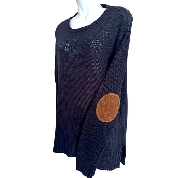 Harper Sweaters - Harper Heritage Open Knit Sweater Elbow Patch Navy Pullover Long Notched Hem L